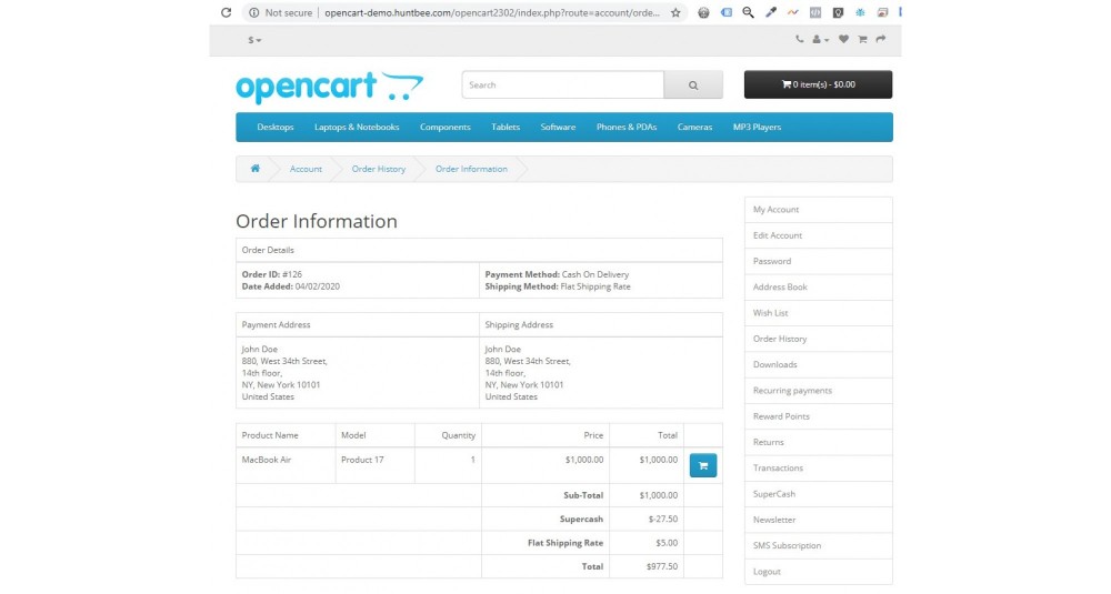 Galaxynet-Erweiterungen OpenCart-Kundenrückgabe- und Stornierungsoptionen.